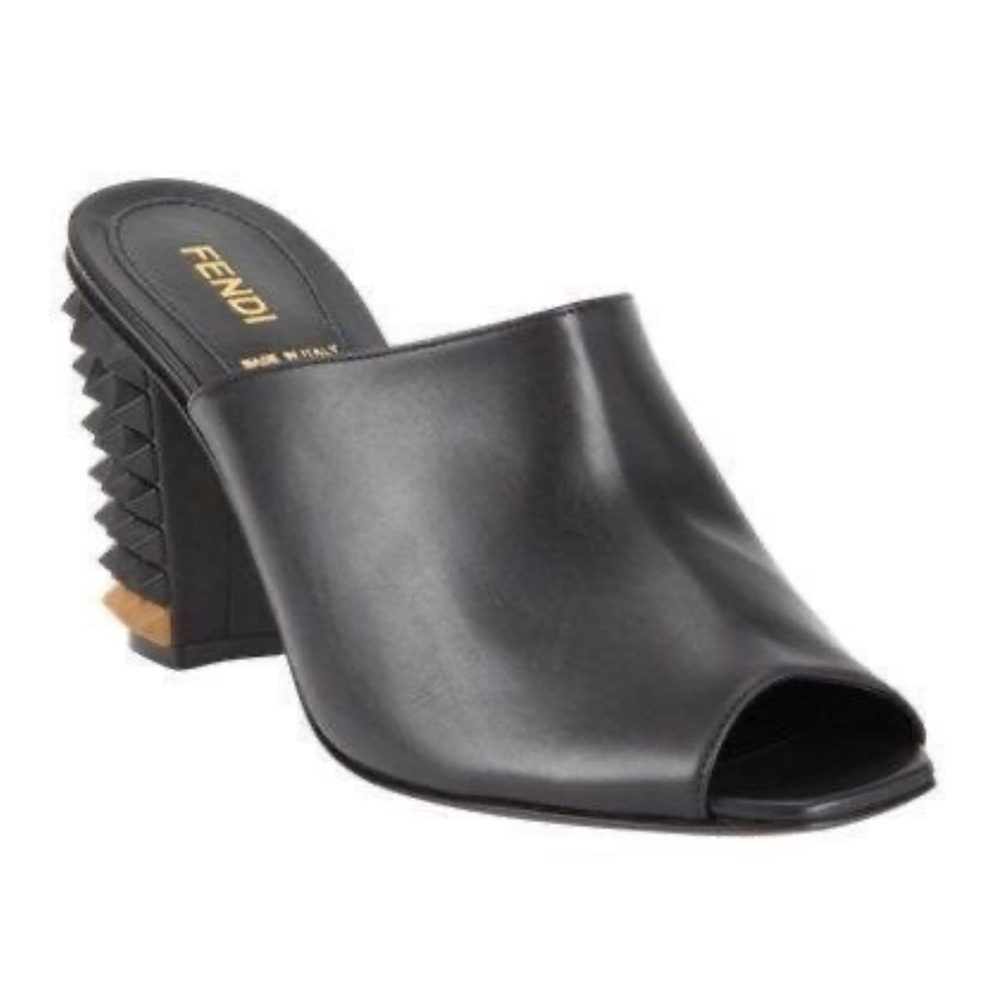 Fendi black leather pyramid studded heel slides sandals mules IT 37 US 7